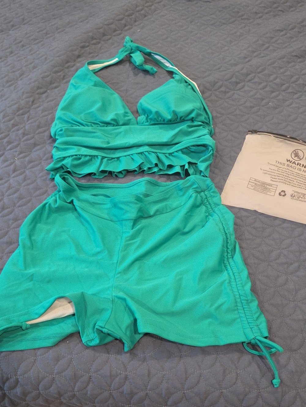 Turquoise Ruffled Halter Swim Top and Boardshorts Set,M, Green